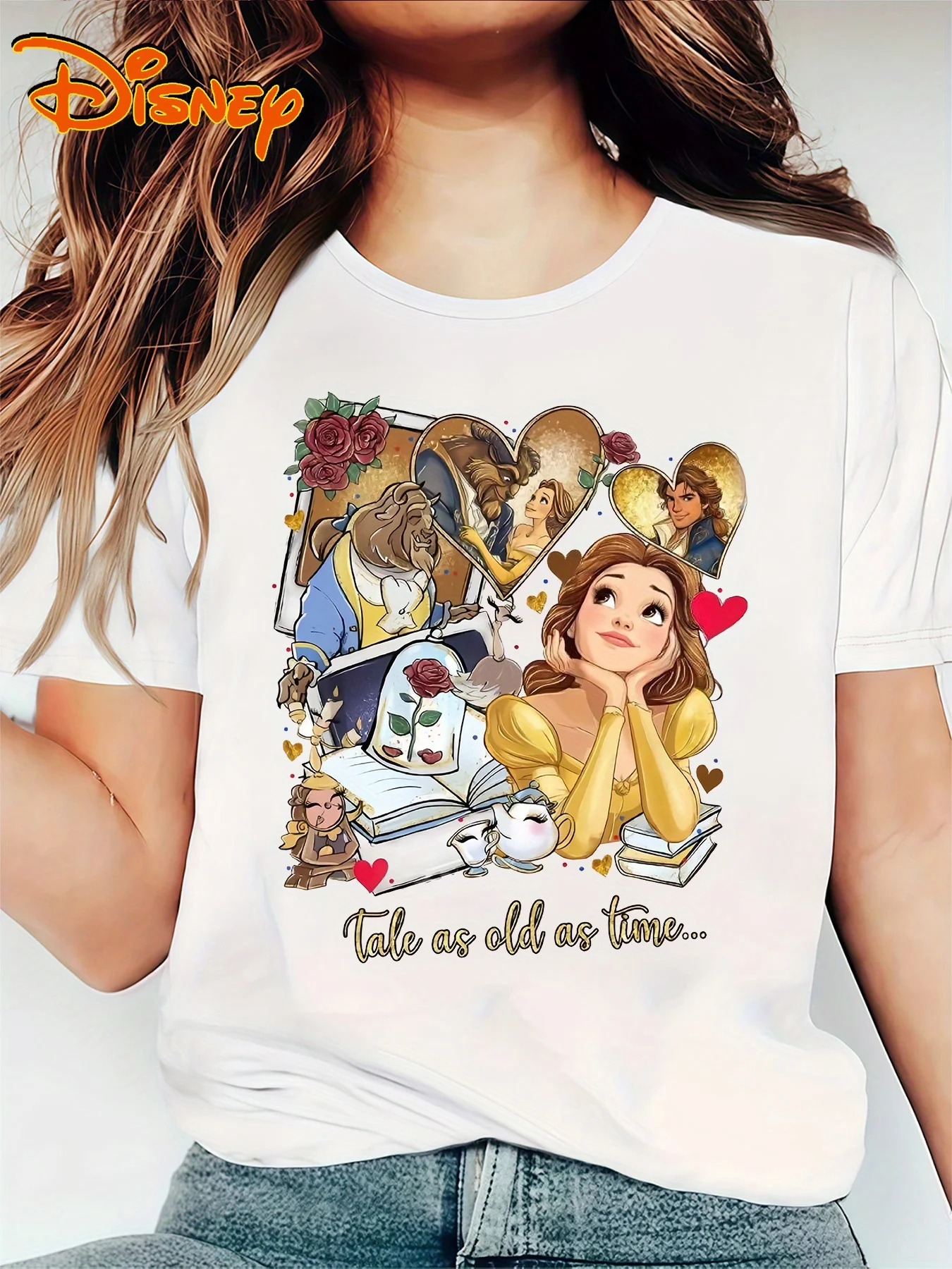 2025 Disney Pattern Printed Women's Casual Comfortable Unique Smiling Face Black Round Neck Short Sleeve T-shirt