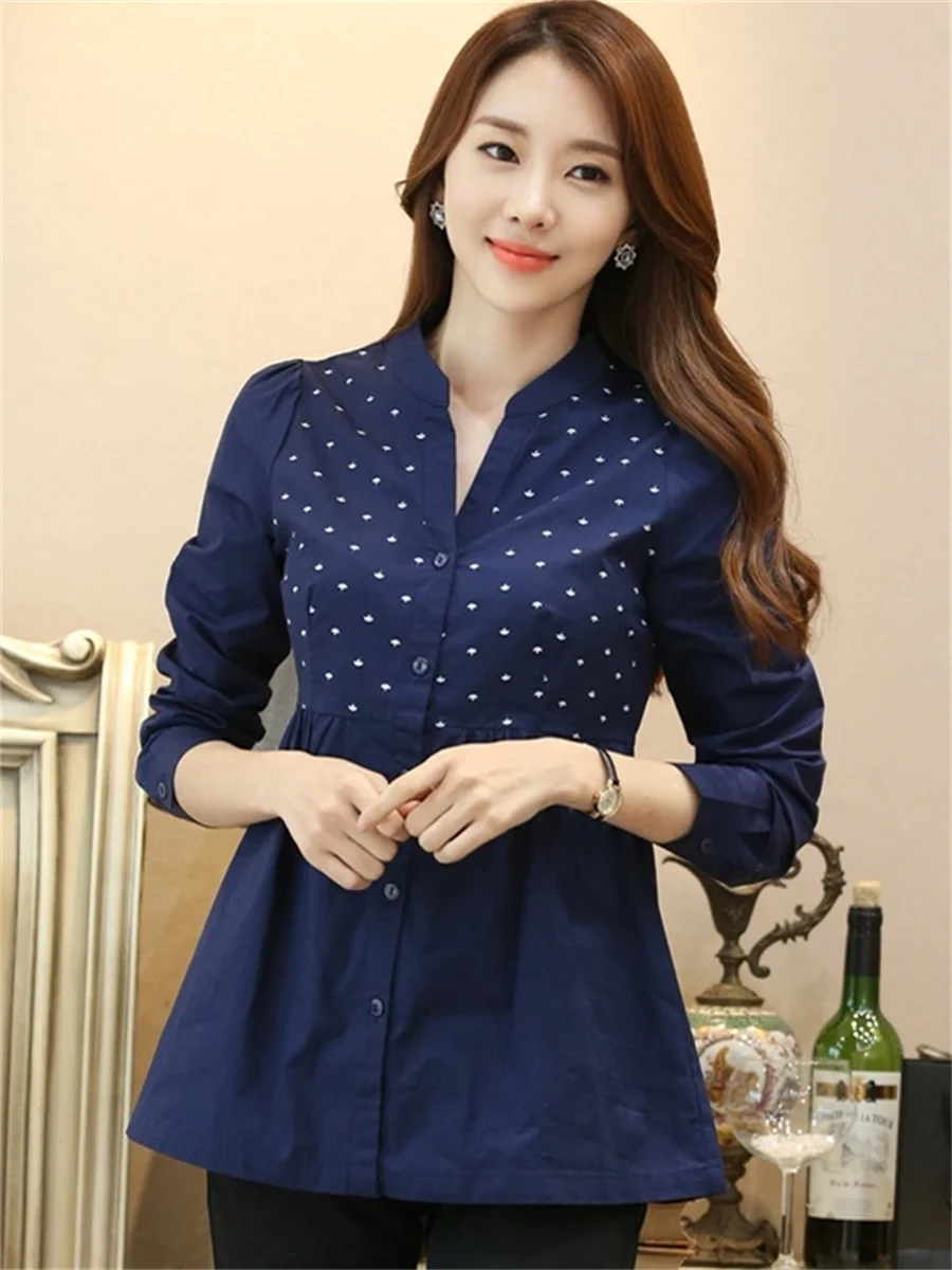 3XL Women Summer Spring Blouses Shirts Lady Fashion Casual Long Sleeve V-Neck Collar Polka Dots Blusas Tops CT0763