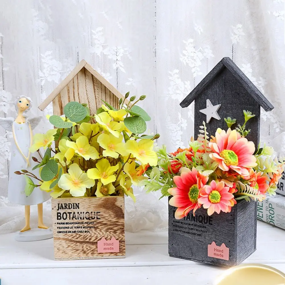 Desktop Ornament Wooden Flower Pot House Shaped Personality Storage Box Creative Vintage Pen Holder Living Room