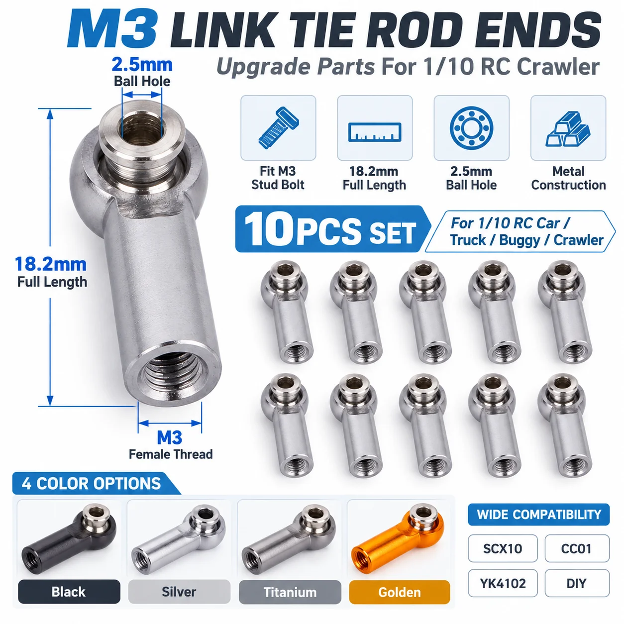 10Pcs Metal M3 Rod Ends Ball Head Link Tie Rod End Ball Joint for 1/10 Axial SCX10 D90 TRX4 TRX6 RC Crawler Car DIY Upgrade Part