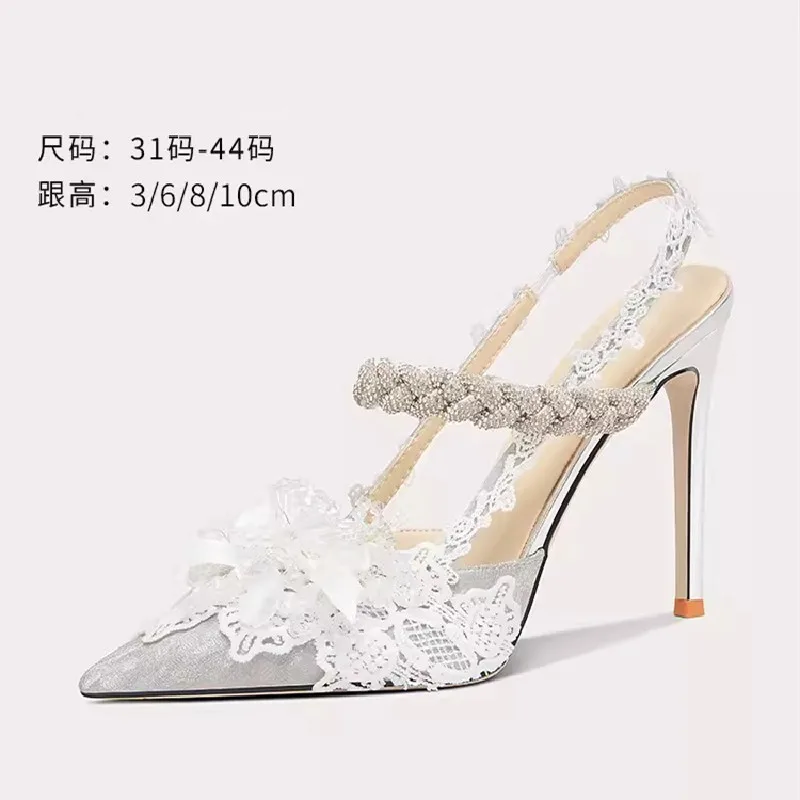 Spring and Summer New Pointed Sequins Lace Water Diamond Sandals with Thin High Heels Banquet Dress Large and Small Women's Shoe