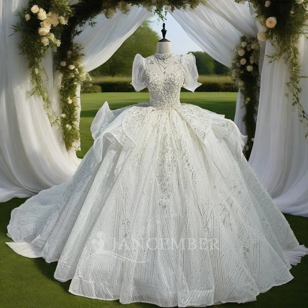 

Vintage Lace Princess Wedding Dresses Ball Gown Short Sleeves Exposed Boning White Formal Bridal Gown Robe De Mariée 2025 DW0039
