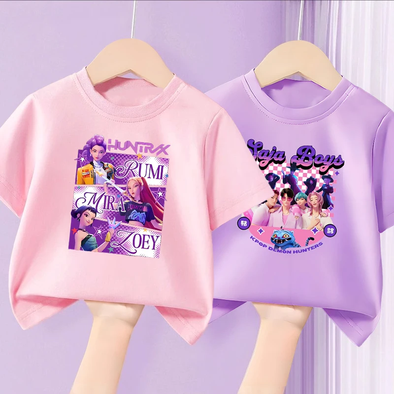 Camiseta Demon Hunter Girl púrpura y rosa, Camiseta bonita de algodón de Anime Y2K Kawaii, ropa de calle para niños, ropa de verano de manga corta Harajuku