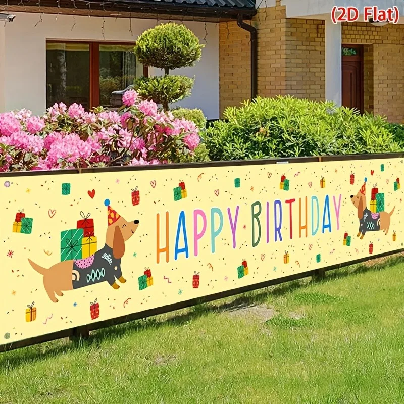 Dackel-Hund Happy Birthday Gartenbanner Bunter Geschenk-Konfetti-Druck Outdoor-Hintergrund für Geburtstagsfeier Hauszaun-Dekoration