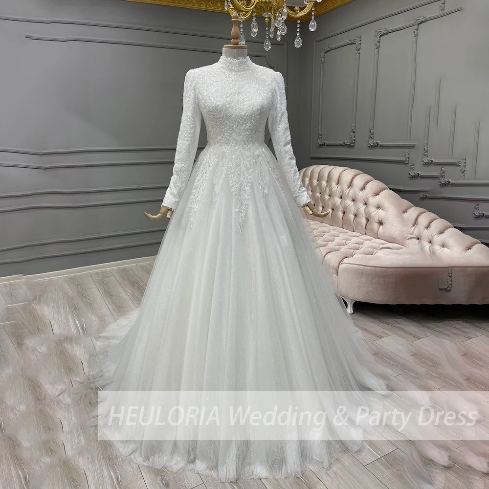 Elegante abito da sposa musulmano con perline in pizzo pesante abito da sposa manica lunga collo alto abito da sposa plus size abito da sposa sposa