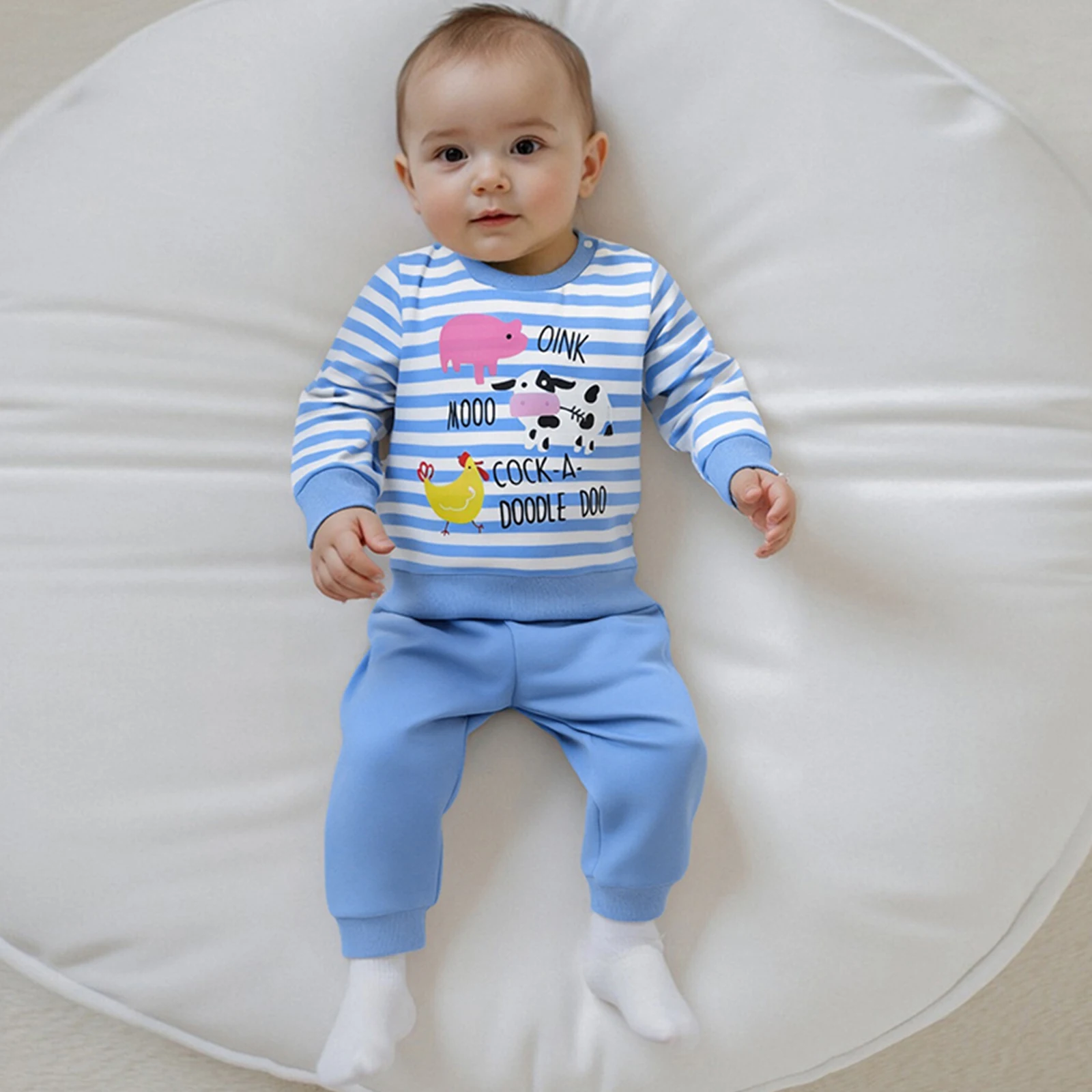 

Одежда для малышей, комплект из двух предметов для мальчиков, свинья, корова, петух, с длинными рукавами, топы с круглым вырезом, полосатые топы, штаны, комплект одежды