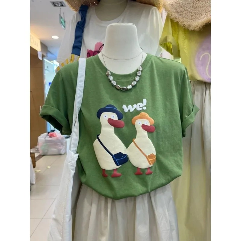Women's Green Cartoon Duck Print T-Shirt Short Sleeve Casual Loose Fit Summer Top