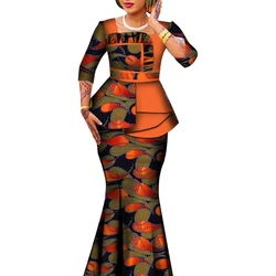2 Pieces Set African Print Skirts & Tops African Outfits for Women Ruffles Blouse and Long Skirt Plus Size Suits WY6592