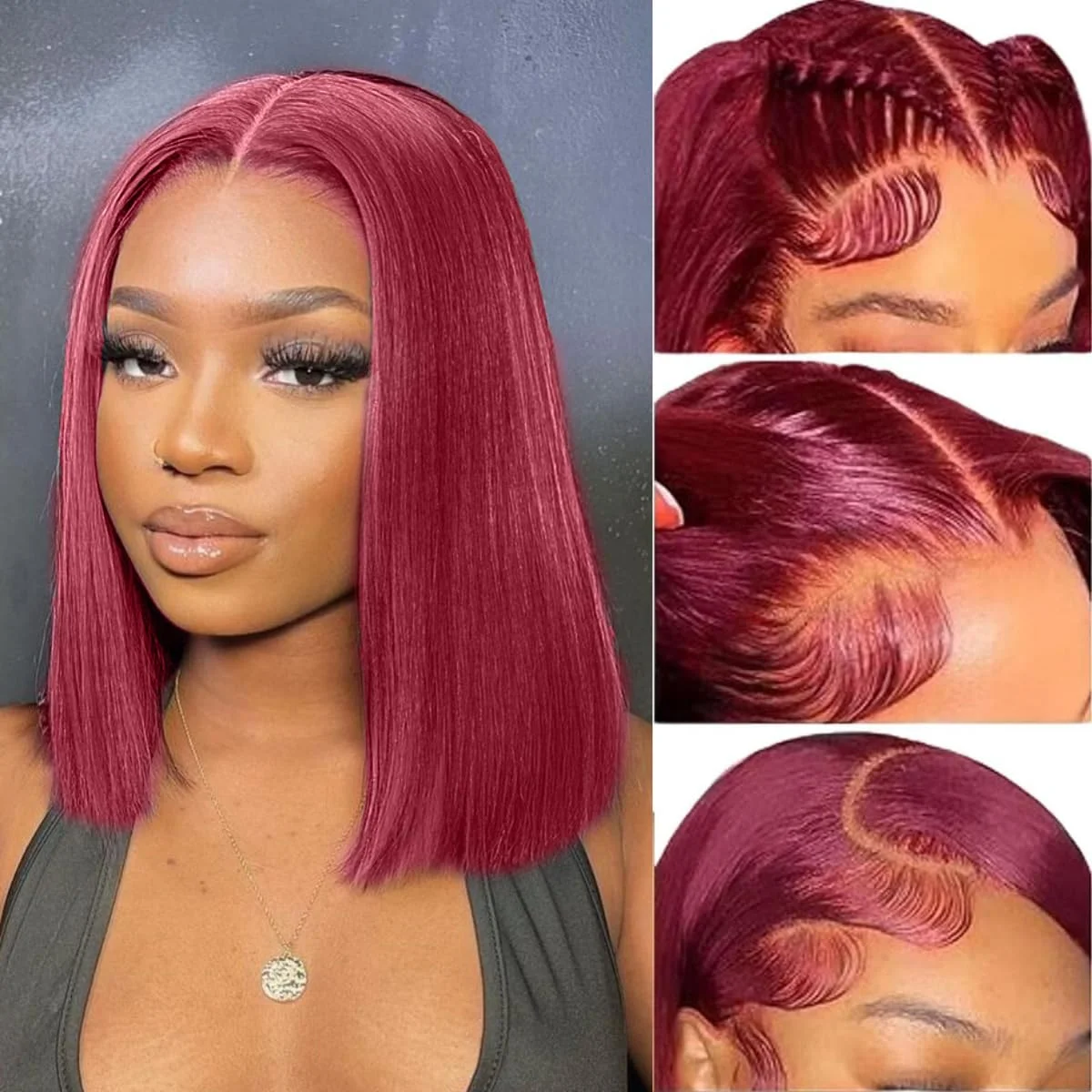 

99J Short Bob Wigs Burgundy Short Bob Wig 13x4 Lace Frontal Wigs For Women 200% Density Pre plucked Lace Front Human Hair Wig