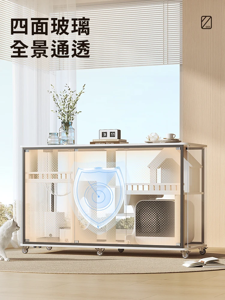 Panoramic cat villa horizontal glass cabinet TV cabinet cat nest solid wood with fresh air fully transparent