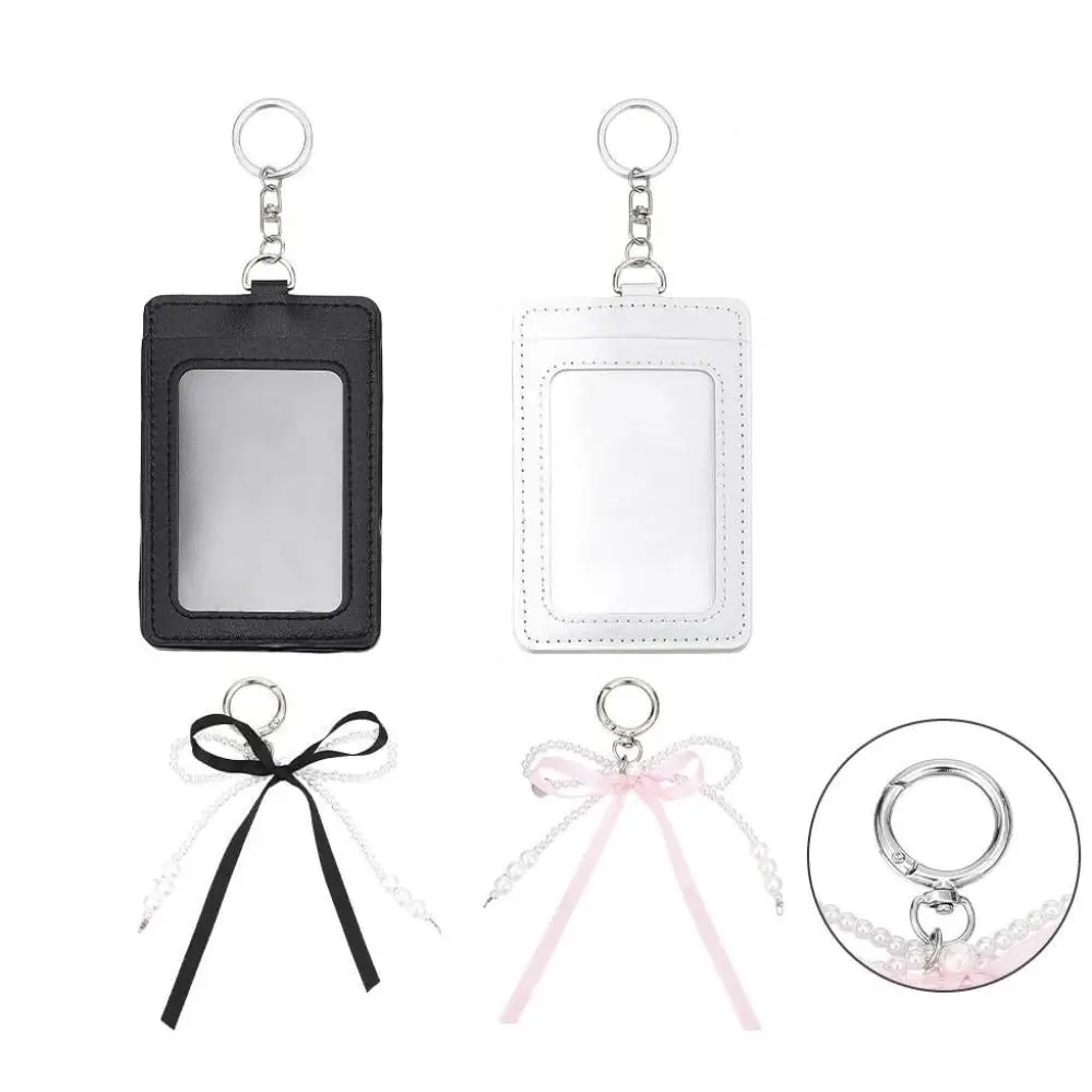 Stylish INS Style Cute Photocard Holder Decorative Pearl Bow Photos Bag Charm Soft PU Protective ID Card Case Bank Card
