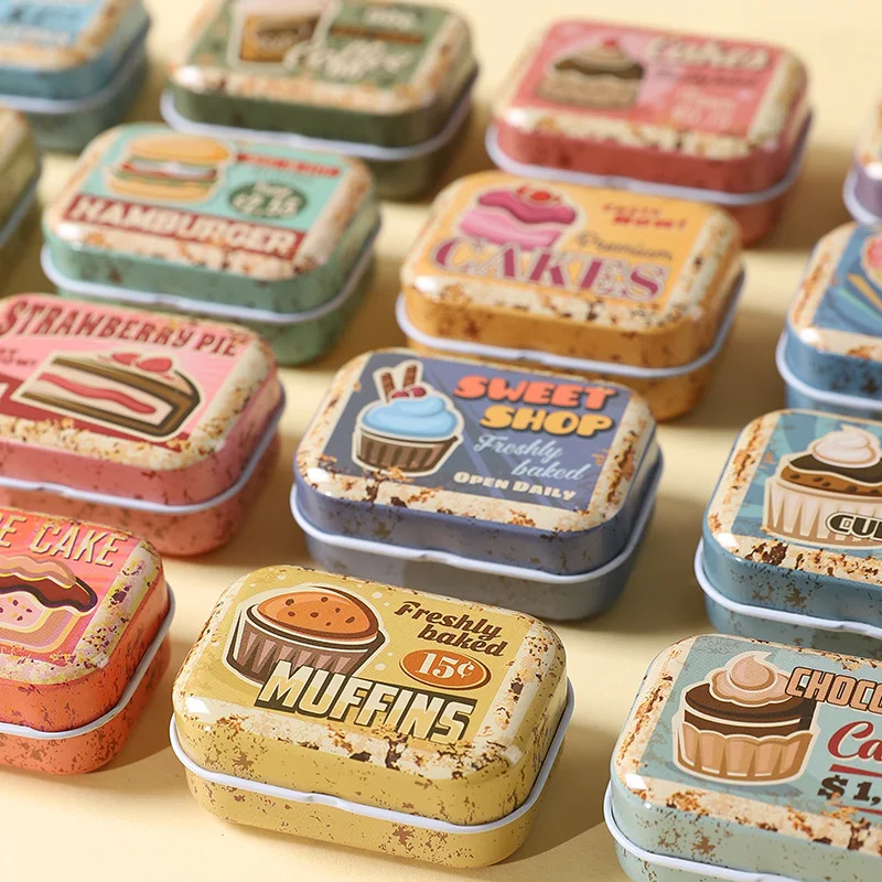 Caja de lata con tapa abatible, Mini caja rectangular de hierro, caja decorativa, latas pequeñas portátiles para almacenamiento, dulces, pastillas, clips de papel, estilo lindo, 1/3/6 Uds.