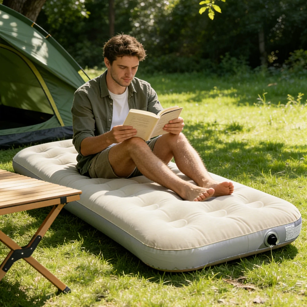 Beige Flocked Inflatable Mattress Portable Air Bed for Home Camping Travel Guest Room