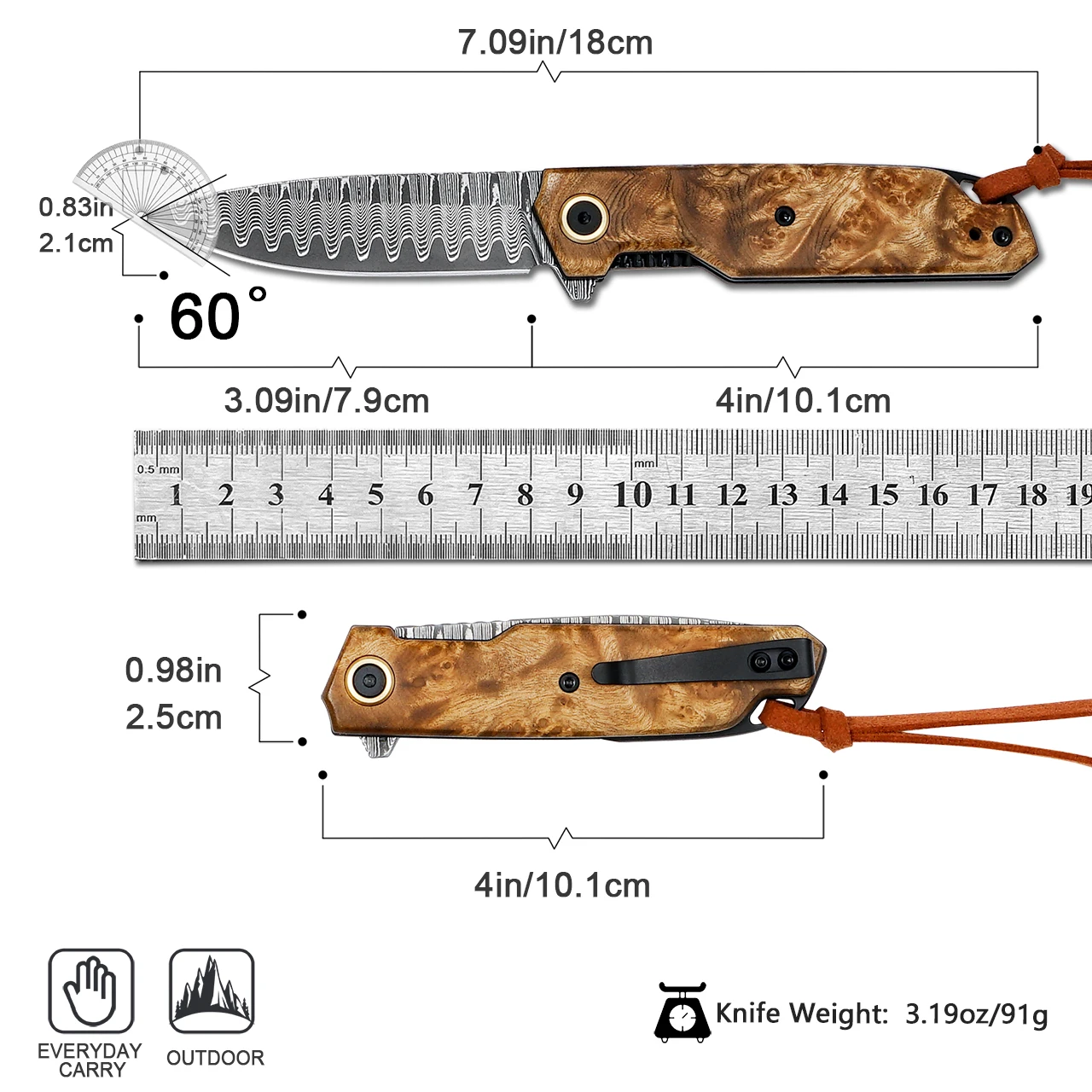 Handmade Damascus Folding Pocket Knife,handle made of maple Wood leaf.with Reversible Pocket Clip,Suitable for Hiking carry EDC