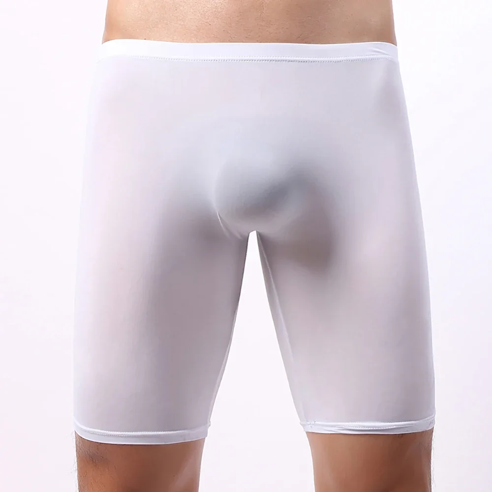 

Long Men Bulge Pouch Underwear Ice Silk Shorts Mens Sport Seemless Long Leg Knickers Underpants Sexy Pouch Panties