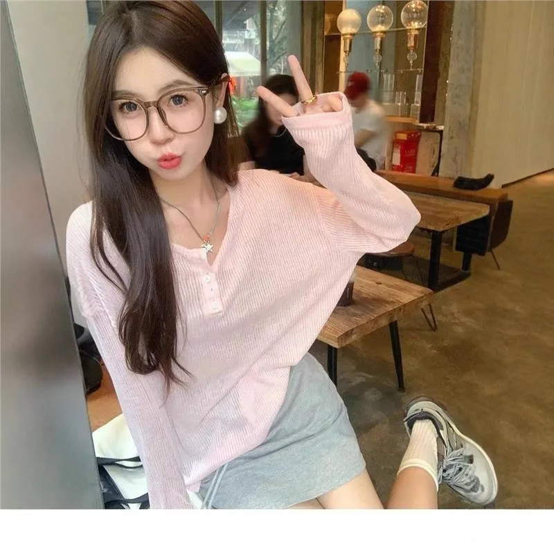 Soft pink niche tie-back open-back long-sleeve T-shirt for women, summer hollow-out lazy style ins sun-protective top