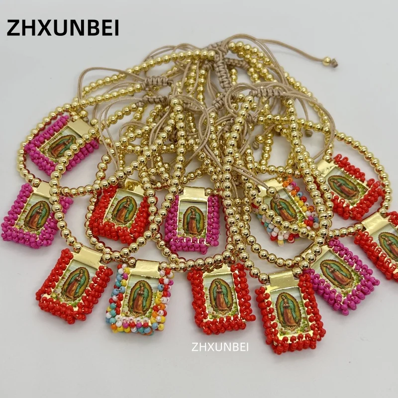1pc Gold Plated Scapular Medal Bracelet Copper Miyuki Beads Catholic Virgin Mary Guadalupe Pulsera Rope Religious Jewelry Gift