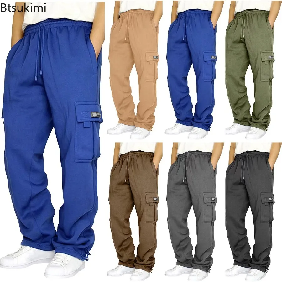 Autumn Winter Men's Fleece Warm Cargo Pants Loose Casual Sweatpants Solid Multi-pockets Drawstring Fitness Joggers Pants for Men