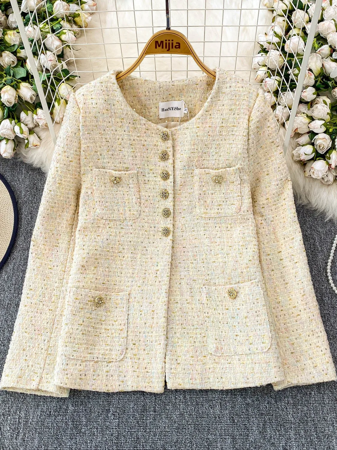 

Ele круглая верхняя одежда Ne, женский свободный крой, металлический синий цвет, осень-зима, высококачественный твидовый топ с блестками для похудения, для поездок на работу