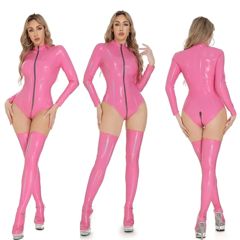 Women Sexy Open Crotch Glossy PU Leather Bodysuit Long Sleeve Sex Erotic Jumpsuit Crotchless Shaping Latex Catsuit Fetish Outfit