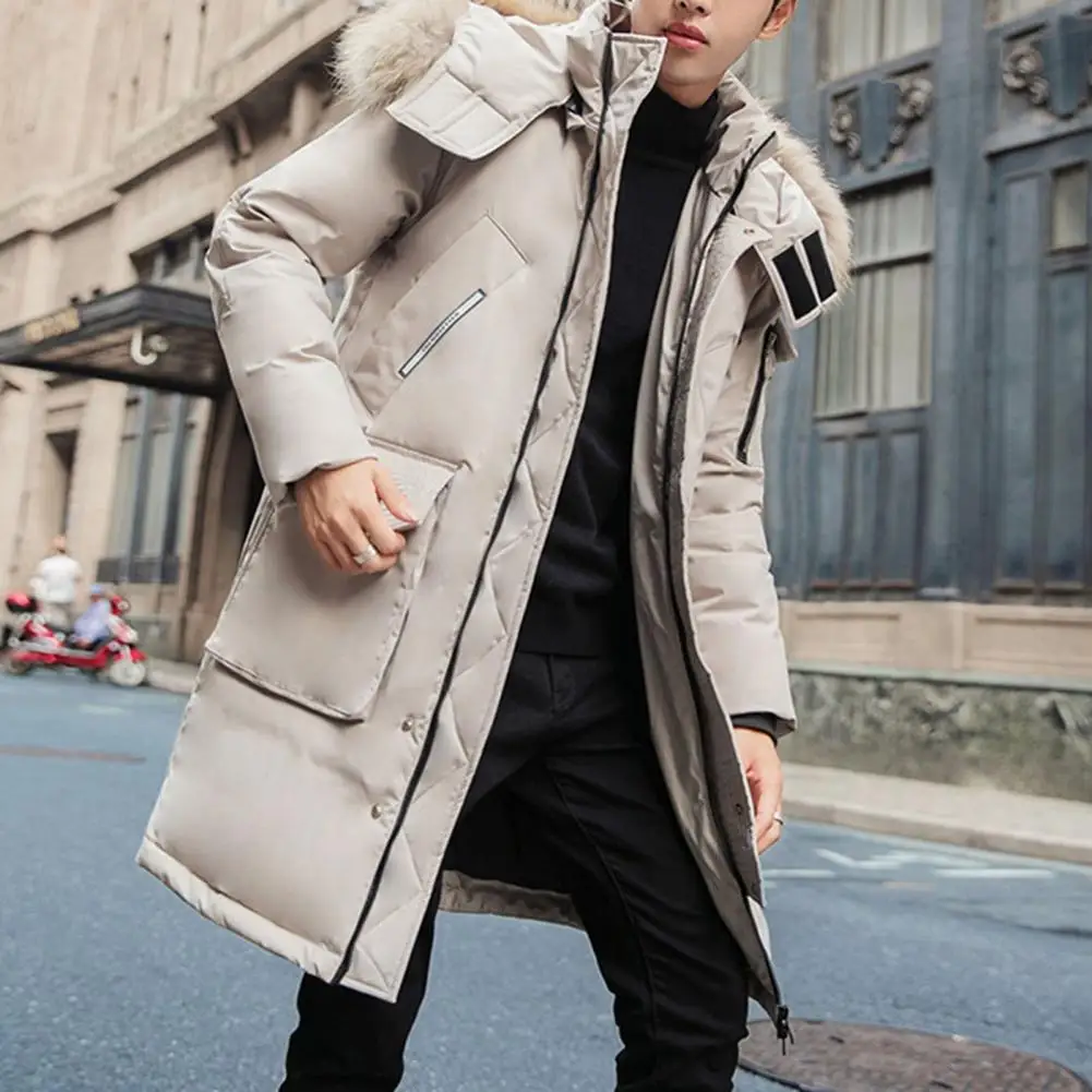 Winter Men Down Jacket Solid Color Fur Collar Hooded Hooded Puffer Coat Thickened Zipper Placket Pockets Men Outwear For Daily