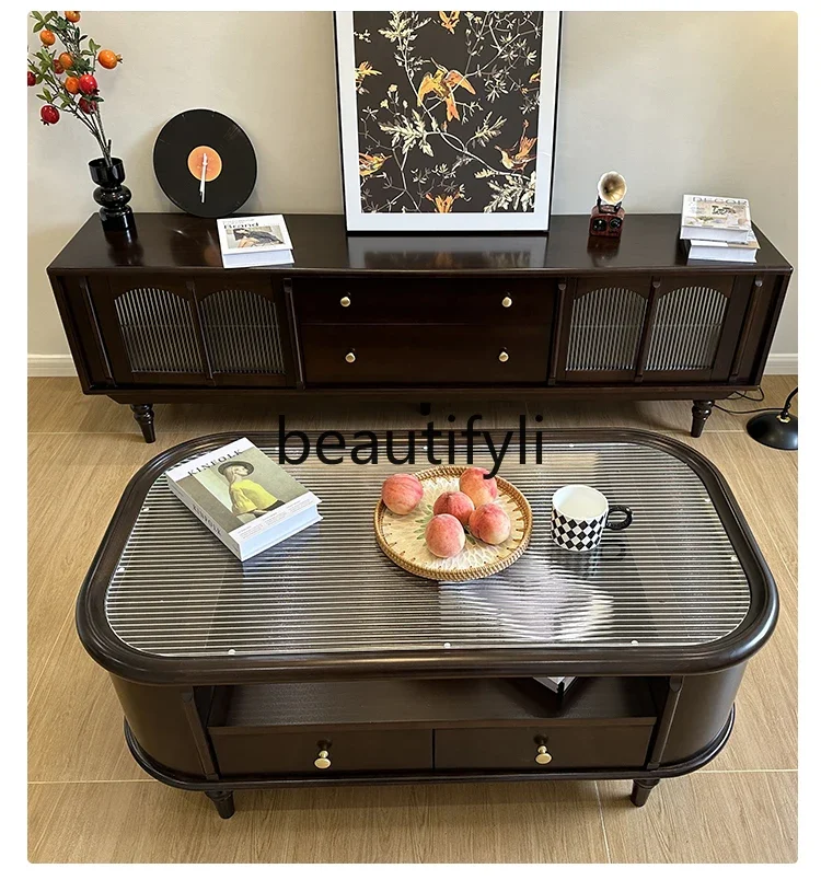 

American pure solid wood coffee table TV cabinet combination living room light French tea table retro home tea table