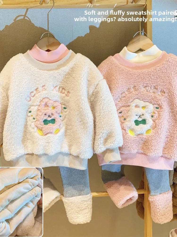 

Комплект из двух предметов: толстовка и брюки из искусственного меха (имитация овечьего меха) для девочек и мальчиков, осенне-зимний, мягкий, милый, детская одежда