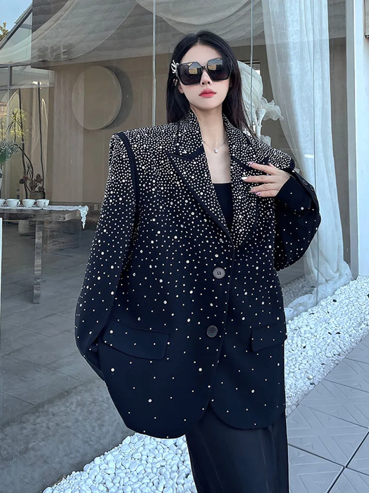 Frauen 2024 Herbst Neue High-end-Schwarz Maßgeschneiderte Mäntel Langarm Casual Trendy Anzug Jacke Tops Feminine Hot diamant Blazer