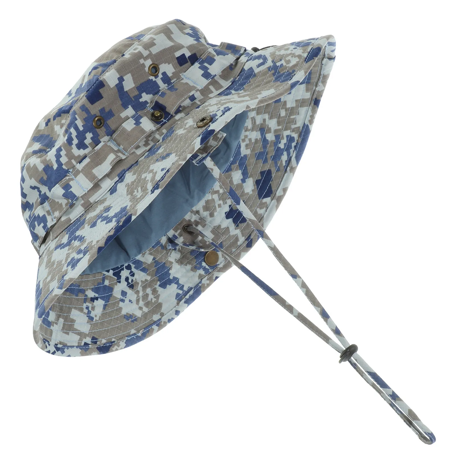 Camouflage Fishing Hat Blue Black Boonie Bucket Hat Adjustable Chin Strap Outdoor Sun Protection for Hunting Hiking Fishing