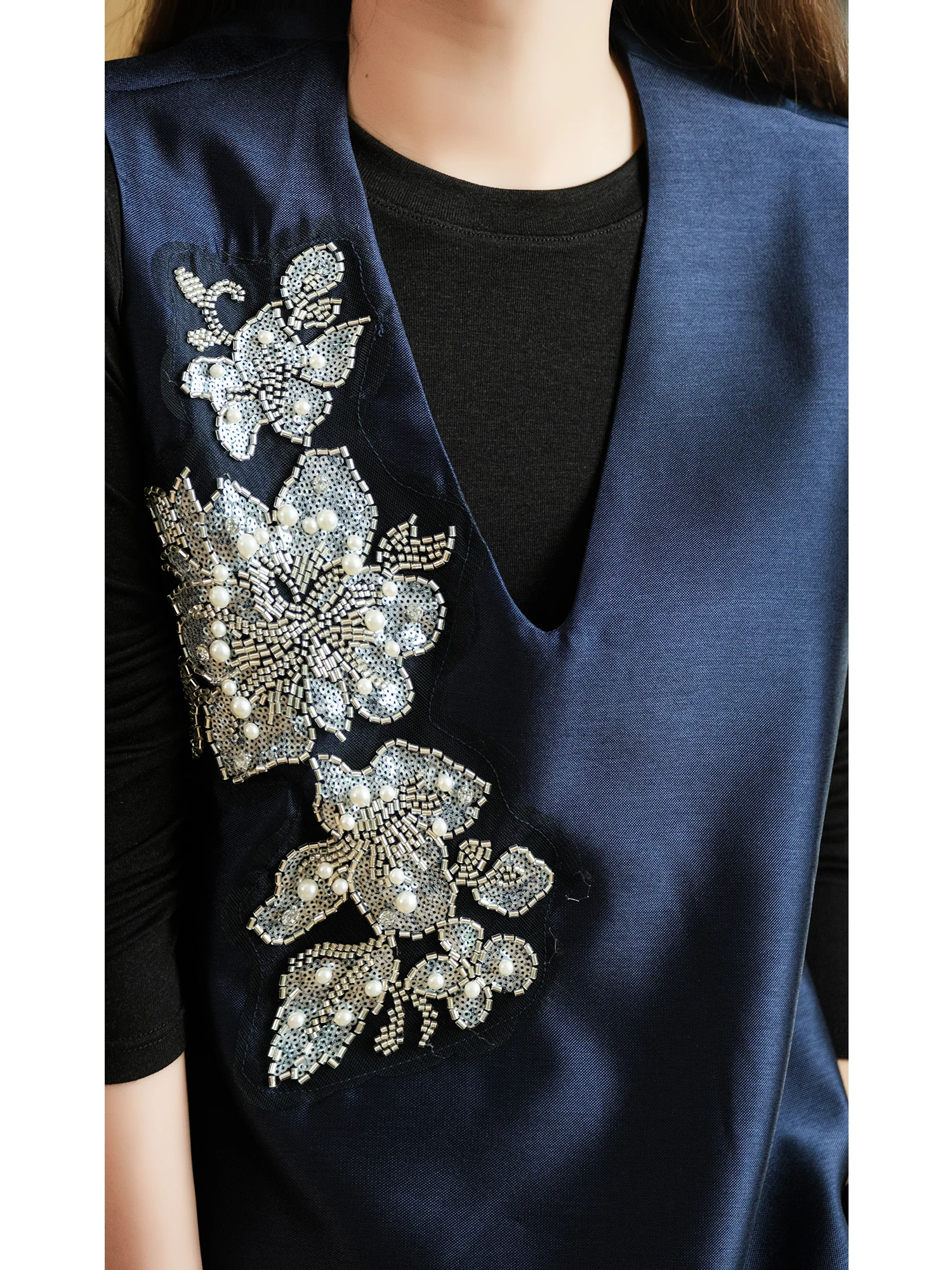 Heavy Embroidery Silk Smooth  Small Ear Production Orchid Brocade Slit V-Neck Opened Forked Waistcoat Women's Jacket