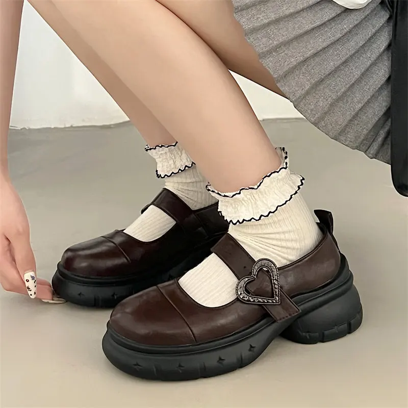 brown Lolita Shoes Women new Heart shaped buckle Mary Jane Shoes Vintage Girls Y2K JK Uniform High Heel Platform Cosplay Shoes