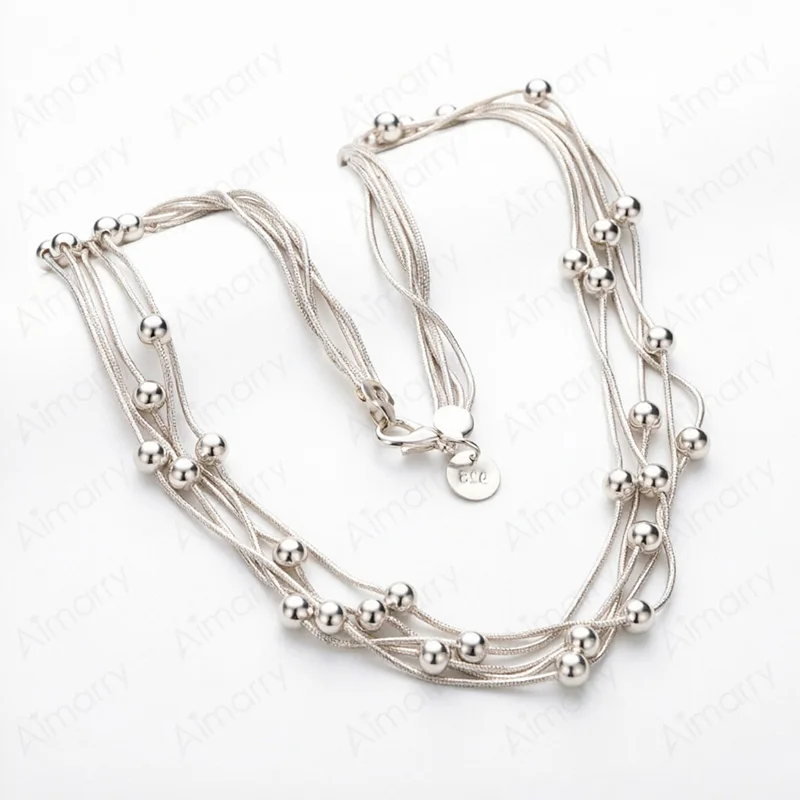 Women's 925 Sterling Silver Multi-layer Snake Bone Bead Necklace