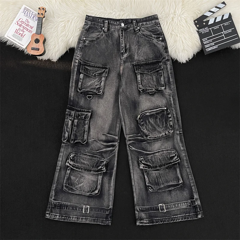 Multi Pocket Cargo Jeans For Men Black Gray Distressed Denim Pants American High Street Fashionable Hip hop Wide Leg Trousers
