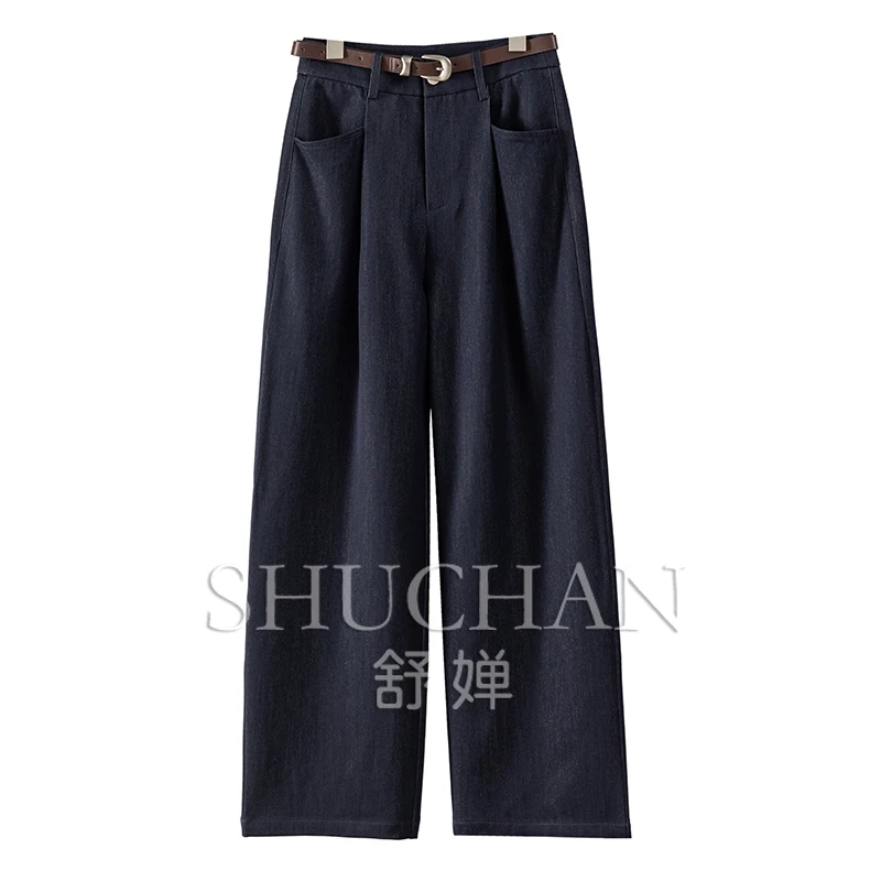 Vintage Dark Blue High Waist Straight Wide Leg Jeans Women High Waist Jeans POLYESTER SPANDEX Viscose