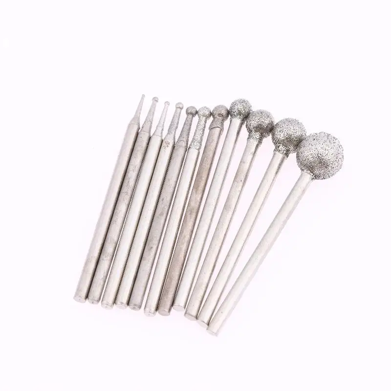 1/2Set Diamond Grind Needle Head Cutter Jade Carve Tool Engrave Rotary Spherical Burr Tool 2.35mm Shank Round Ball
