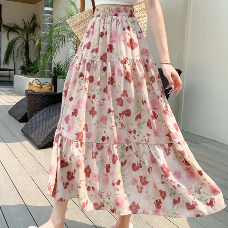 

Seoulish Floral Printed Women's Skirts 2025 Spring Summer New Retro High Elastic Waist Slim Fit A-Line Midi Skirts Female