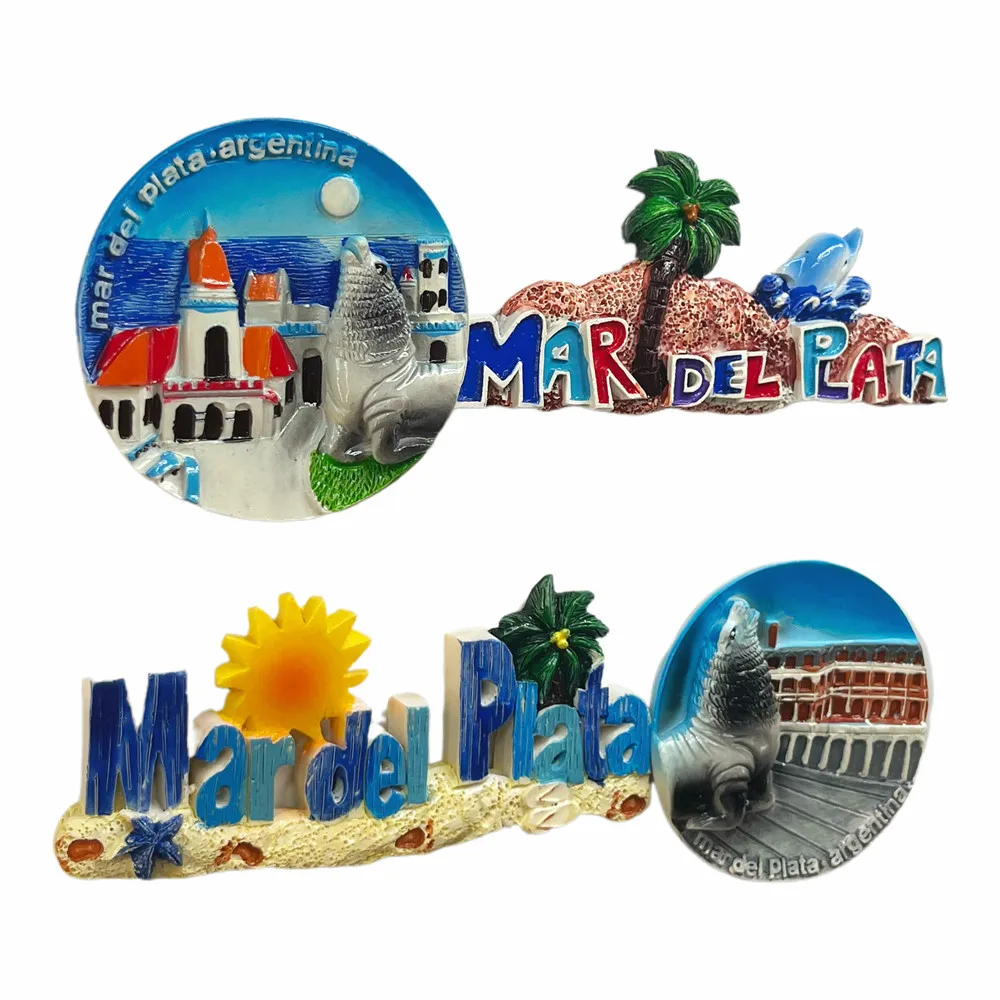 Argentina Mar del Plata 3D Fridge Magnet, Sea Lion Coastal Building Palm Tree Art Letter Souvenir, Resin Travel Gift & Collectib