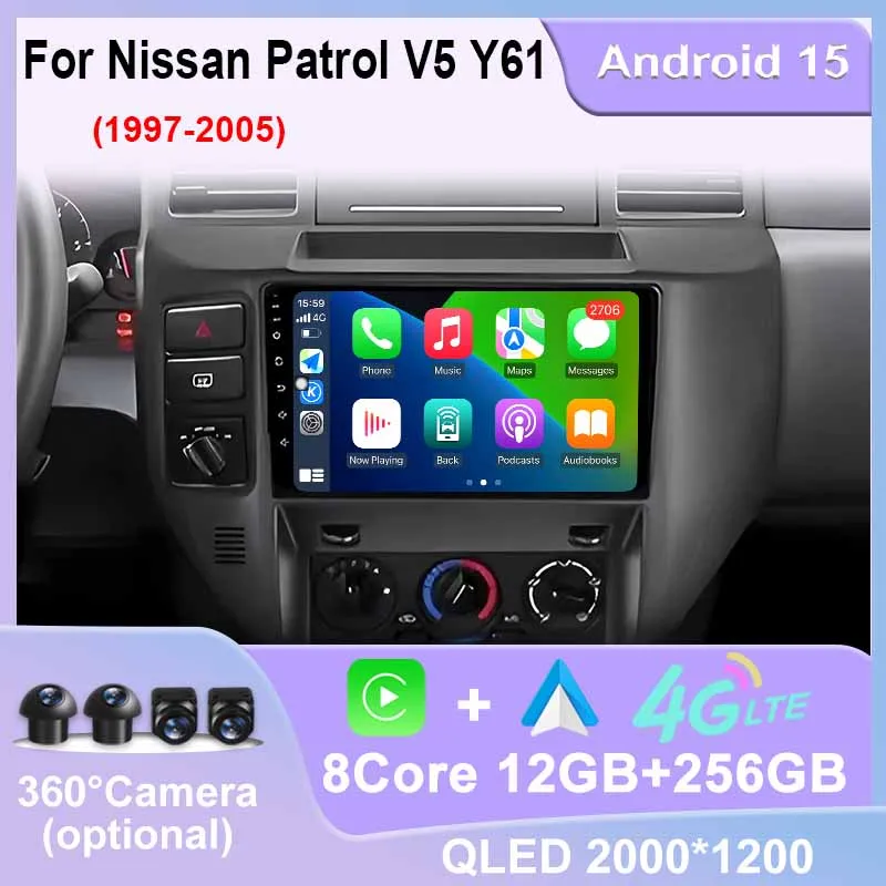 

Bluetooth Android 15 Auto Carplay Stereo Navigation GPS Multimedia Player 360 Camera WIFI for Nissan Patrol V5 Y61 1997 - 2005