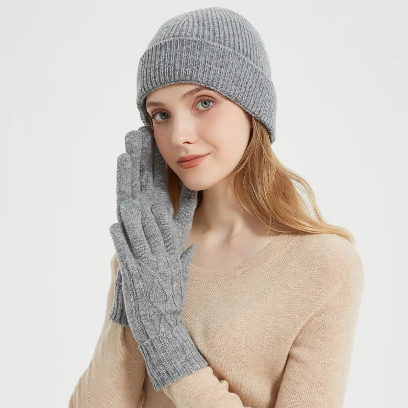 Ensemble bonnet et gants en laine tricotée pour femme, accessoire de ski chaud, sports de plein air, randonnée, luxe, automne, hiver