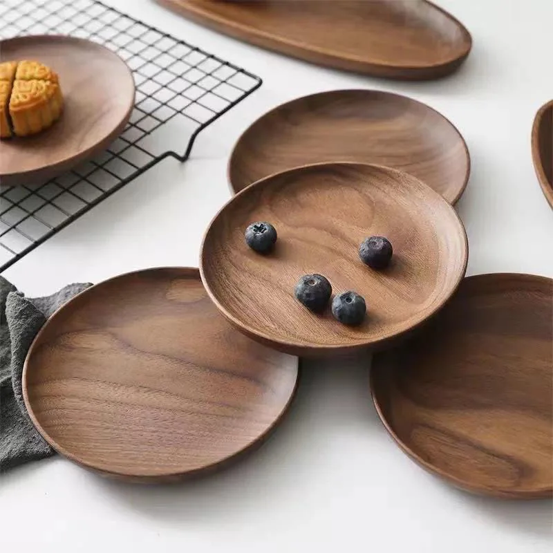 Solid Wood Tea Tray Japanese Walnut Dry Bubble Plate Round Type Plate Meal Wooden Tableware Household Snacks Dry Fruit Plate