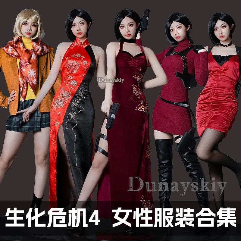 

2025 Ada Wong Embroidered Cheongsam Style Red Dress Cosplay Costume Clothes Wig Uniform Women Halloween Sexy Wom