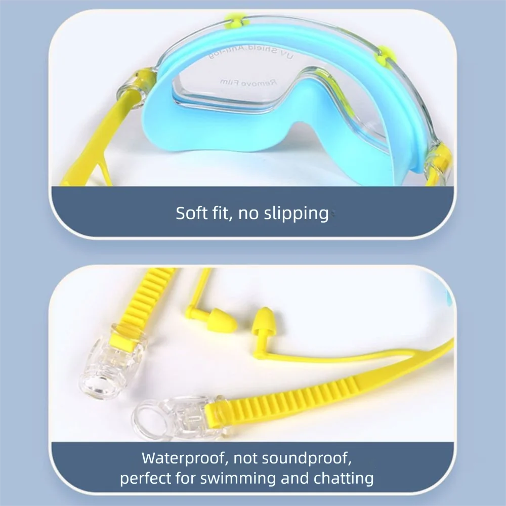 Wodoodporne okulary pływackie z dużą ramką, przeciwmgielne, z zatyczkami do uszu, regulowane, z miękkiego silikonu, dla dzieci.