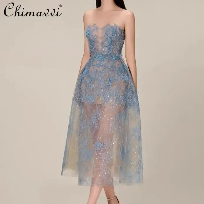 

French Elegant Sleeveless Off-shoulder Sequined Lace Embroidery 3D Flower High Waist Slim A-line Strapless Evening Dress Women