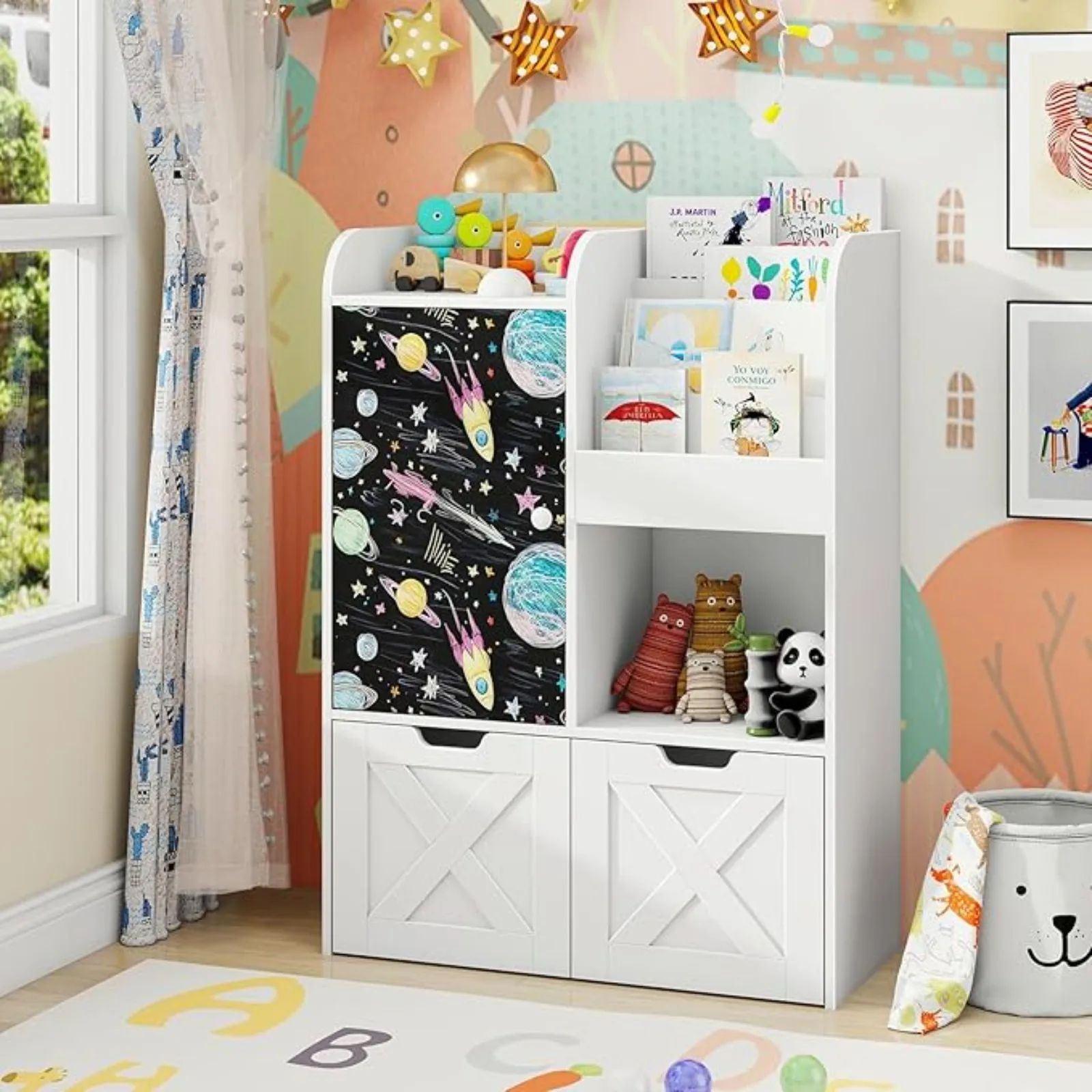 

Toy Storage Organizer with Reading Nook, Wooden Kids Bookshel with 2 Movable Ders and Chalkboard, Multi-unctional Toy Chest Shel