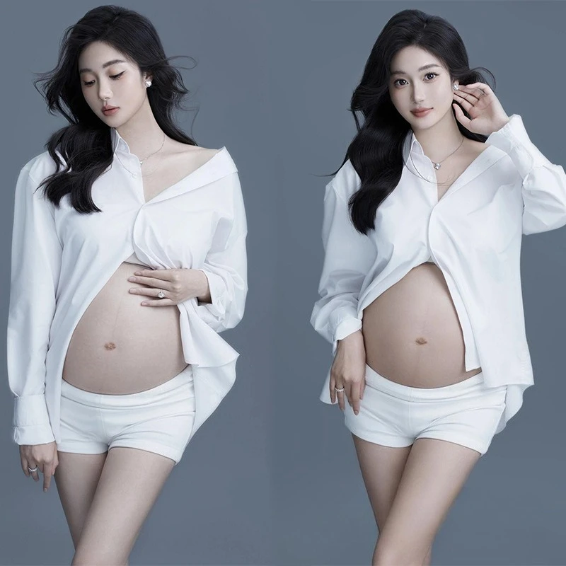 Maternity Photo Shoot Dresses for Studio White T-shirt with Shorts 2pcs Elegant Pure Clothing for Pregnant Women Photography
