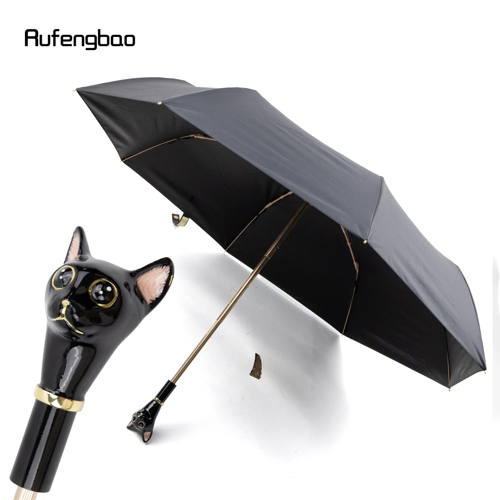 Black Cat Kitten Handle Women Men\'s Umbrella, Automatic Umbrella, Folding UV Protection Sunny and Rainy Days Windproof Umbrella