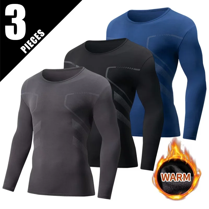 3-piece Autumn/Winter Men's Fashionable Printed Sports Warm Long Sleeved T-shirt Plus Size Fitness Running Casual Versatile Top