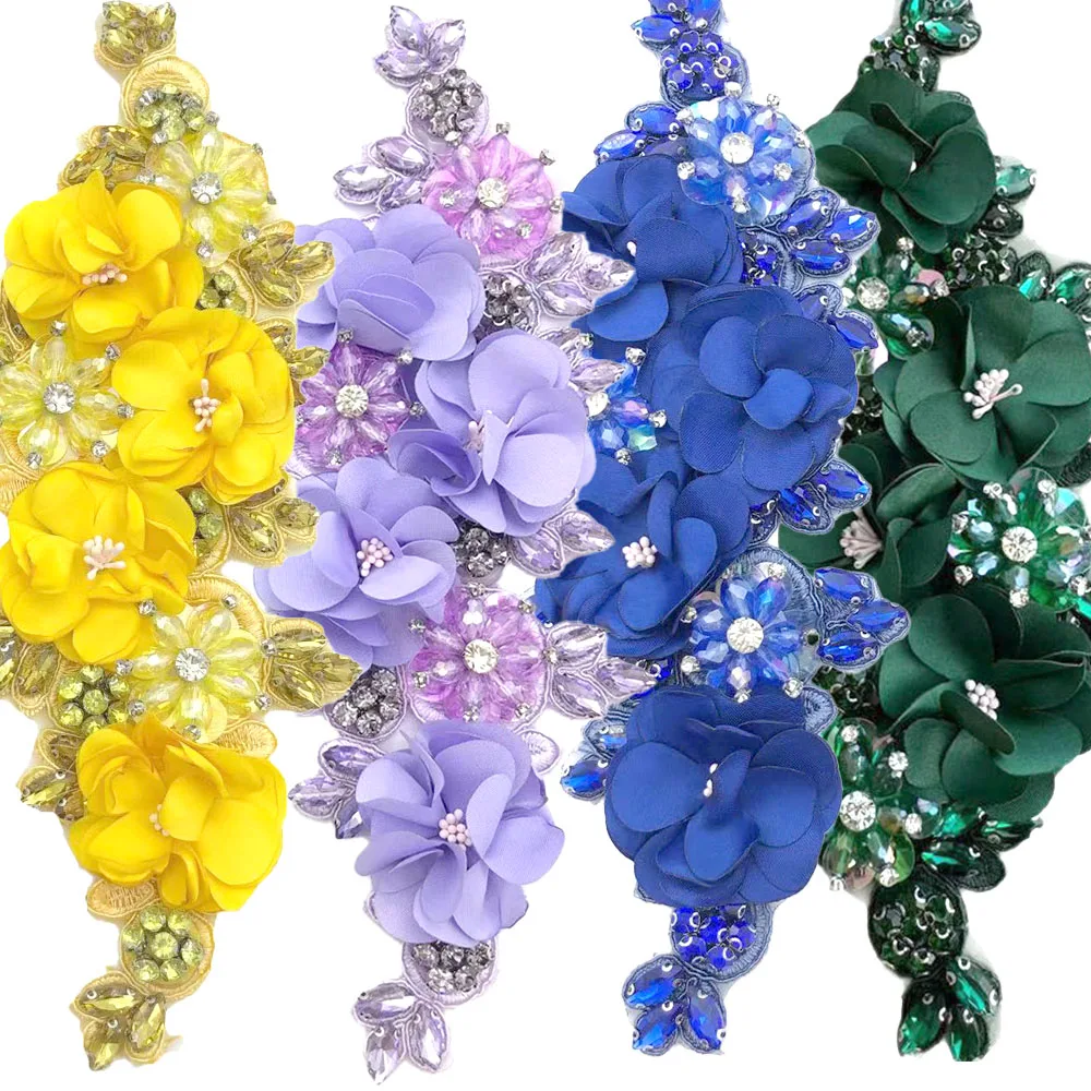 Fashion Diamond Crystal Studded Flower Patches Fabric Applique For Women Dress Waist Embellishment Decoration Sewing Accessories