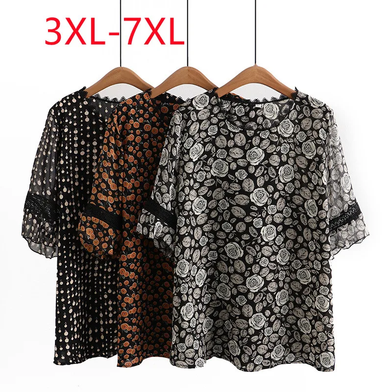 New 2023 Ladies Spring Summer Plus Size Tops For Women Large Size Short Sleeve O-neck Floral T-shirt  3XL 4XL 5XL 6XL 7XL