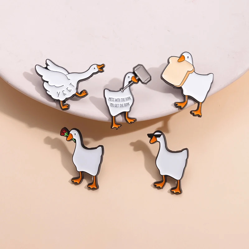 Interesting Goose Enamel Pin Cartoon Animal Rose Hammer Bread Goose Brooch Badges Lapel Backpack Humorous Jewelry Wholesale